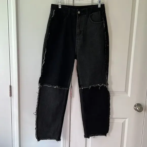 Shein 2 Tone Patch Distressed Black & Dark Denim Ultra High Rise Jeans - Picture 2 of 15